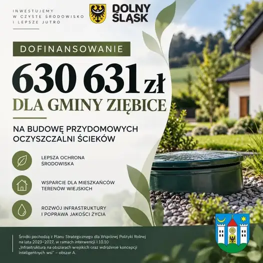 Gmina Ziębice otrzymała 630 tys. zł na 20 przydomowych oczyszczalni ścieków