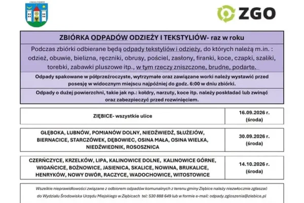 Zbiórka odzieży i tekstyliów w gminie Ziębice – harmonogram jesiennych odbiorów