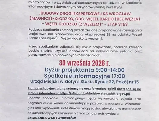 Spotkanie informacyjne w Złotym Stoku: droga ekspresowa S8 Wrocław–Kłodzko