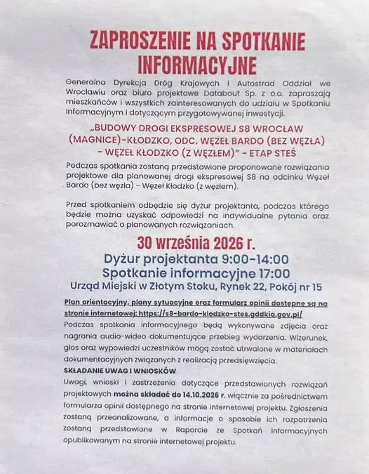 Spotkanie informacyjne w Złotym Stoku: droga ekspresowa S8 Wrocław–Kłodzko