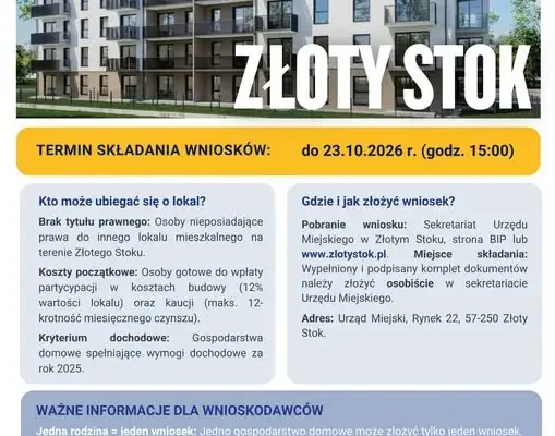 Złoty Stok: trwa V nabór wniosków o mieszkania SIM Sudety – masz czas do 23 października