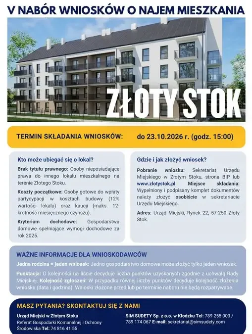 Złoty Stok: trwa V nabór wniosków o mieszkania SIM Sudety – masz czas do 23 października