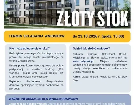 Złoty Stok: trwa V nabór wniosków o mieszkania SIM Sudety – termin do 23 października