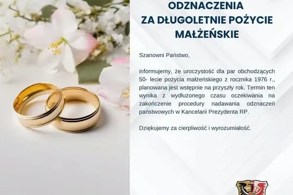 Złoty Stok: uroczystość złotych godów dla par z rocznika 1976 przesunięta na przyszły rok
